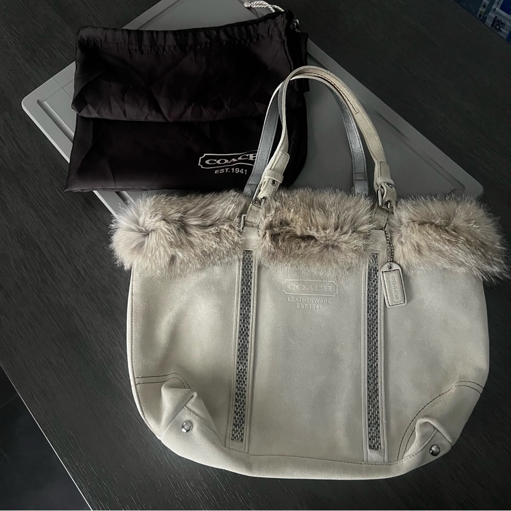 Lightly Used COACH Ltd. Editon Suede beaded tote with genuine fox trim